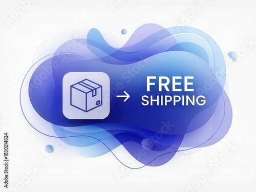 Free shipping icon and text on abstract blue fluid shape with wavy background