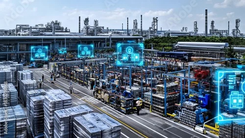 Futuristic Smart Factory Logistics with Digital Data Overlays and Automated Systems in a Large Industrial Complex