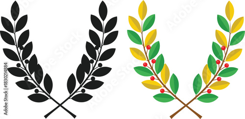 Black and gold laurel wreaths with red berries a decorative botanical illustration