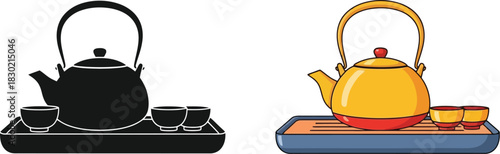Black and yellow tea set illustration with teapot and matching cups displayed