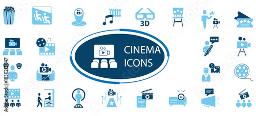 Cinema and Movie Vector Icon Set . Film, Camera, and Video Symbols, Entertainment and Theater Icon Collection. Popcorn, Ticket, Reel, and Projector, Film Production Illustration Pack .