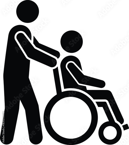 Black stick figure pictogram of a caregiver pushing a person in a wheelchair symbolizing assistance and disability.