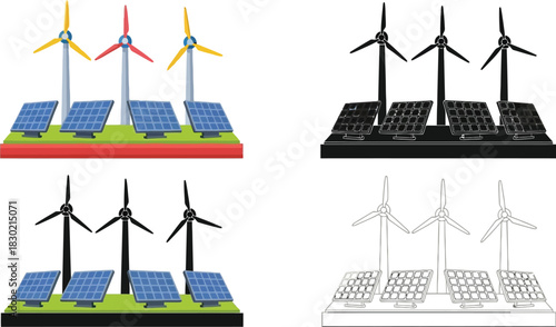 Illustration of wind turbines and solar panels in different color schemes