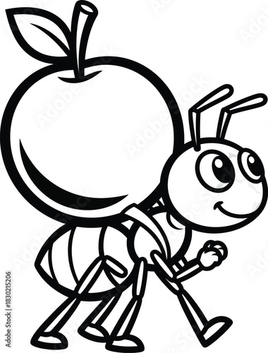 Cheerful cartoon ant character with a smiling face carrying a large apple on its back black and white line art.