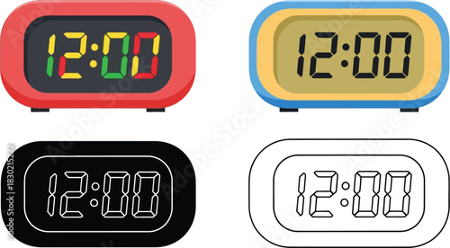 Four digital clocks displaying twelve o clock in various color schemes