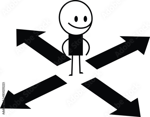 Confident smiling stick figure with hands on hips at a crossroads choosing between four different directional arrows.