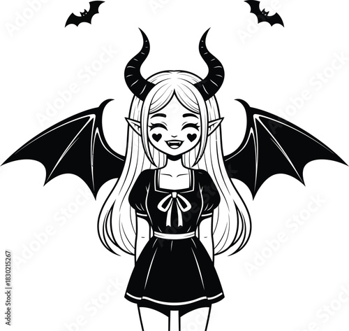 Cute smiling demon girl with large horns bat wings and heart cheeks in a black dress.