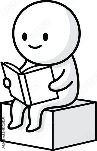 Cute smiling cartoon character with a round head sitting on a block while reading an open book.