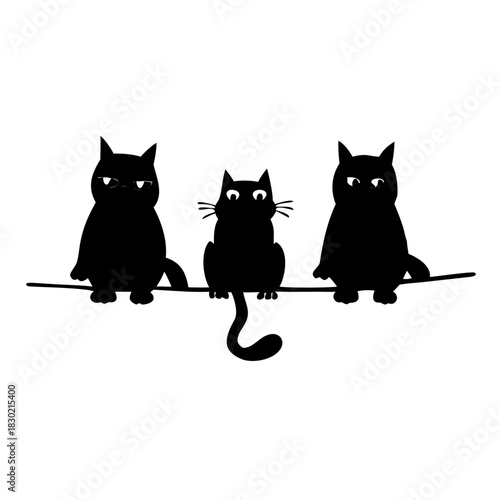 cats sitting on rope silhouette funny vector illustration