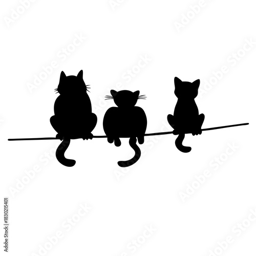 cats sitting on rope silhouette funny vector illustration