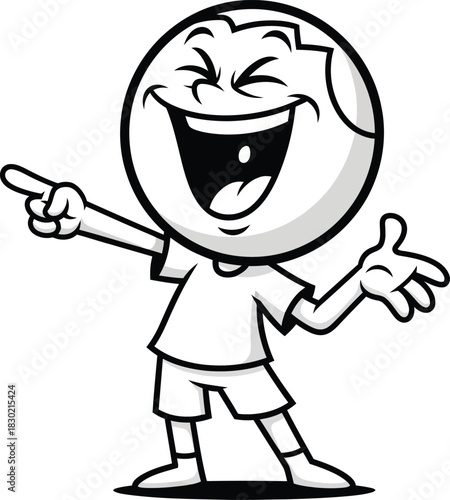 Expressive black and white cartoon character with a round head laughing heartily while pointing.