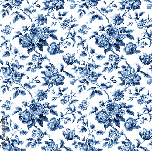 Vintage Blue Floral Seamless Pattern on White Background