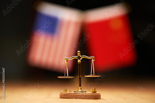 small libra scale and usa china flag on the wooden table.