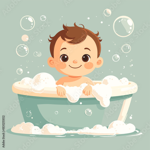 cute minimalist cartoon baby bathing in a small tub with a smile