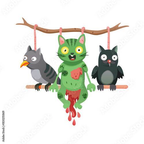 zombie cat hung on a rope and two pigeons sit there halloween illustration