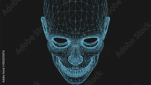 Digital skull illustration with glowing blue lines and intricate details against a dark background.
