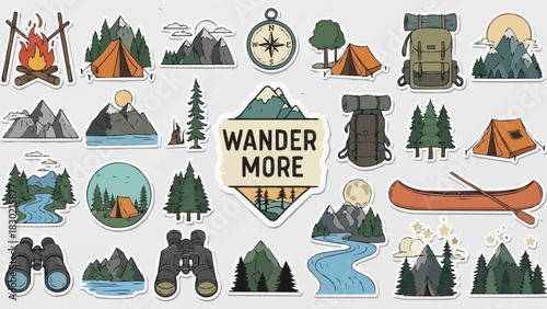Collection of Outdoor Adventure and Camping Stickers with Mountains Tents and Canoes.