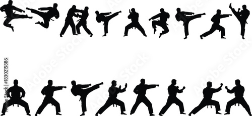 Martial Arts Karate Taekwondo Silhouettes Collection, Male Athletes Performing Kicks, Punches, and Stances in Action, Isolated Black Vector on White