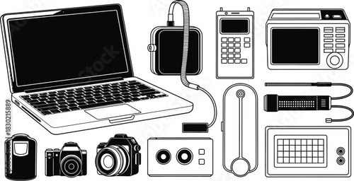 A collection of various electronic devices including a laptop and several cameras in black and white
