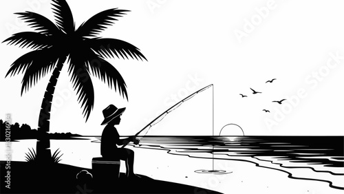 Silhouette of a person fishing alone on a sandy beach.