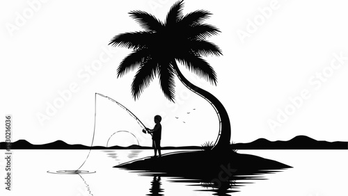 Silhouette of a person fishing on a small island under a palm tree.