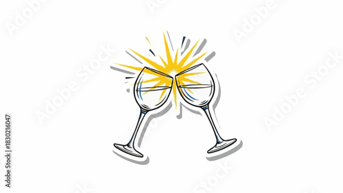 Two wine glasses clinking together in a celebratory toast.