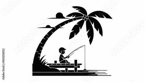 Silhouette of a Boy Fishing Under a Palm Tree on a Tropical Island.