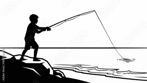 Silhouette of a young boy fishing from a rocky shore.