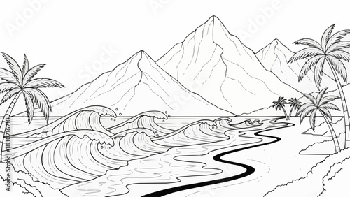 Ocean waves crashing on a tropical beach with palm trees.