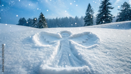 Christmas snow angel in weird dark winter forest with falling snow creates scary yet magical holiday atmosphere