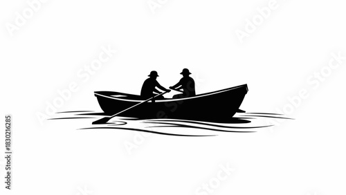 Silhouette of Two People Rowing a Boat on Water.