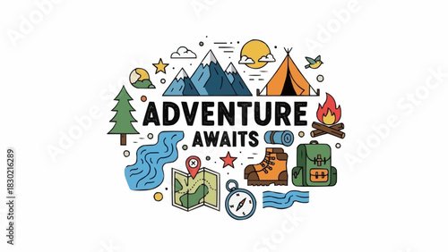 Adventure awaits with camping and hiking elements illustration.
