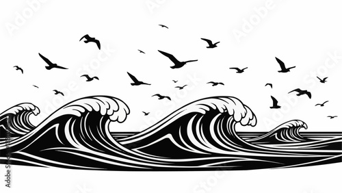 Stylized Black and White Waves with Seagulls Flying Above.