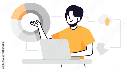 Man analyzing data on laptop with pie chart illustration.