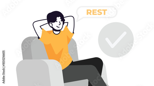 Man relaxing on a chair with a speech bubble saying REST and a checkmark icon.