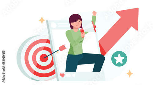 Woman achieving business goals with target arrow and rising graph.