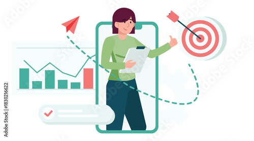 Businesswoman achieving goals with mobile marketing strategy.