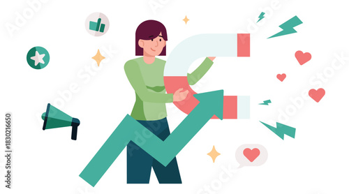 Woman attracting customers with a giant magnet.