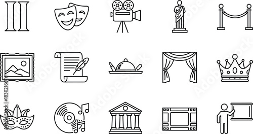 Arts icons, culture, entertainment, theater, film, music, literature, museum, painting, crown, zodiac, comedy, tragedy, scroll, dish, statue, curtain, presentation, building, mask, creativity