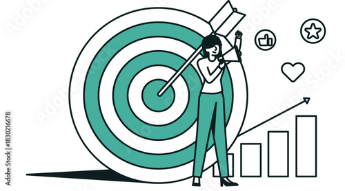 Woman archer hitting target with arrow business growth and social media icons.