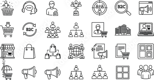 B2C icons, customer service, shopping cart, digital marketing, storefront, magnifying glass, headset, documents, global commerce