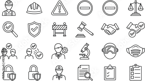 Workplace safety icons, legal compliance, protection, checklist, helmet, justice, shield, approval, gear, mask, security, uniform,