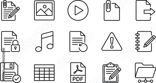 Outline vector icons for file formats, media, document security, storage, and warning signals, illustrating digital data, multimedia, and technology processes.