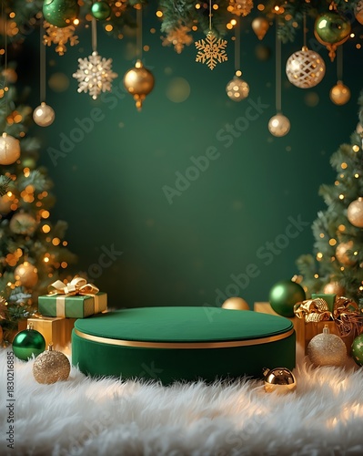 Christmas background scene, elegant green circular podium on a fluffy white surface, surrounded by glowing warm fairy lights, shiny green and gold Christmas ornaments