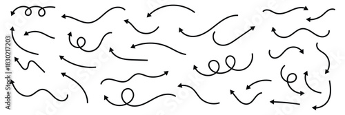 Squiggly black arrow set. Doodle movement spiral lines. Hand drawn arrow icon set. Sketch arrow design for business plan and education.