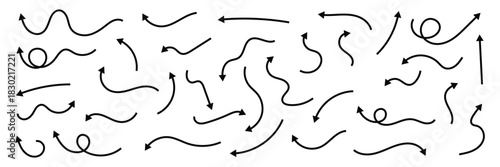 Doodle spiral arrows set. Hand drawn arrows. Design quirky twist line, curve wave arrow. Vector illustration