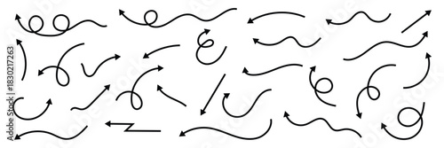 Set of hand drawn thin curved line directional arrows in doodle style. Black curve arrows collection isolated on white background.