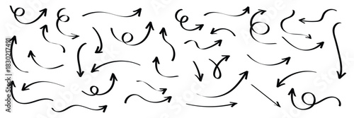 Hand drawn line arrows icons set collection. Arrow vector elements hand drawn arrows brush stroke curly arrow collection. Vector illustration isolated on white background.