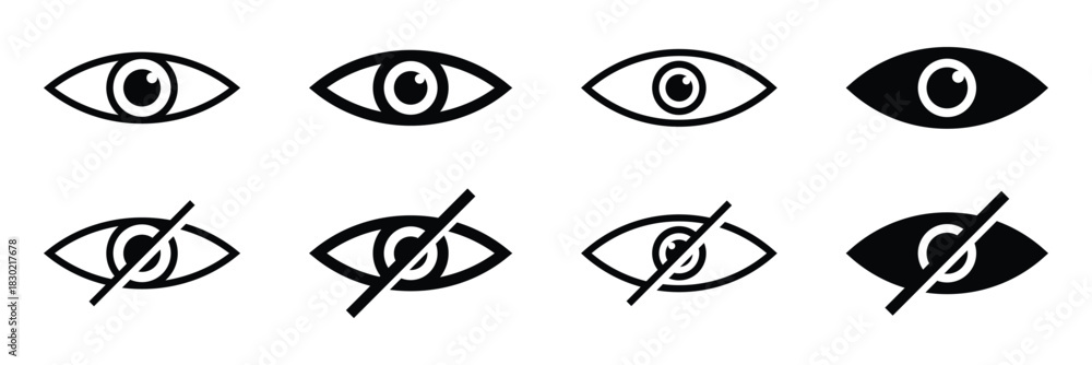 Obraz premium Eye and no eye icons . See and unsee eye icon. Show and hide icon. Vector illustration. Visible icon in flat and stroke style. Vector for app, UI, websites.