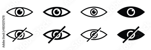 Eye and no eye icons . See and unsee eye icon. Show and hide icon. Vector illustration. Visible icon in flat and stroke style. Vector for app, UI, websites.